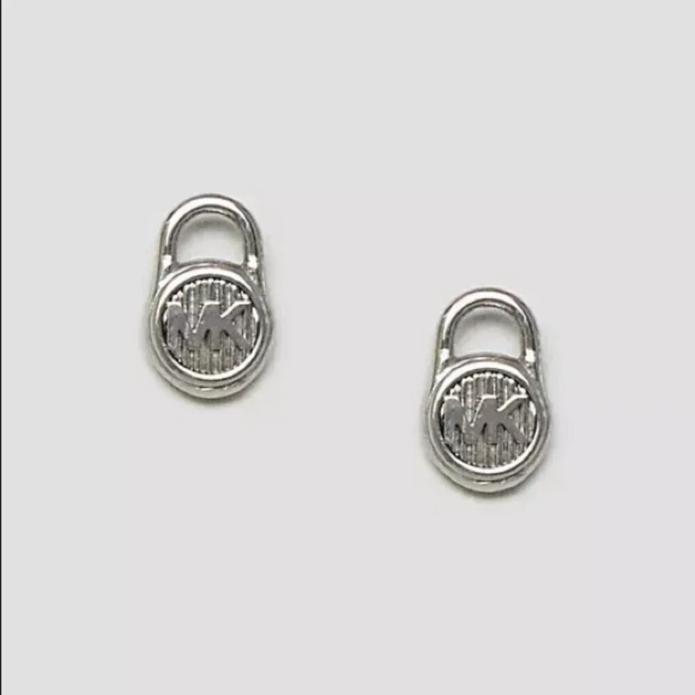 Michael Kors stud earrings Silver Logo pad Lock steel shiny luxe designer dainty
